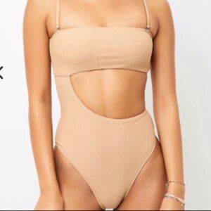 Frankies Bikinis Carter Ribbed One Piece Tan Cutout Swimsuit Large